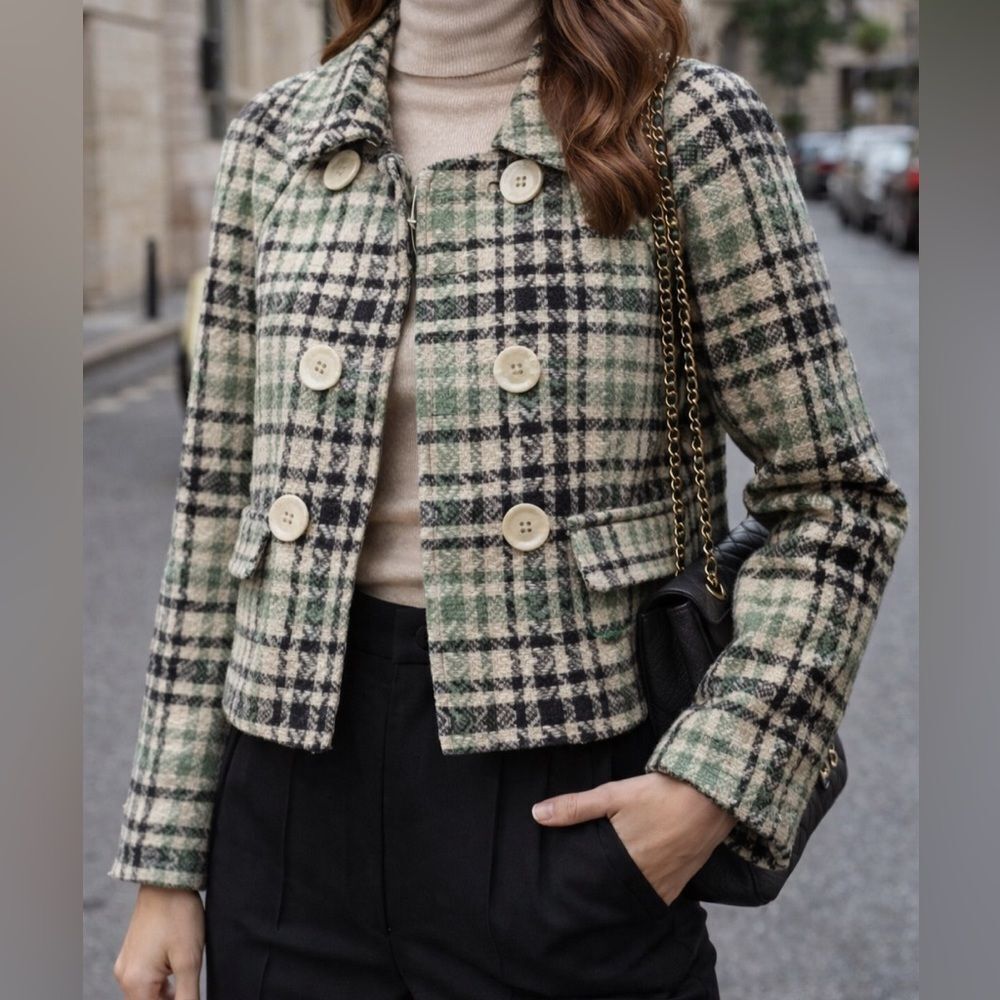 DKNY Jeans Petites Plaid Tweed Cropped Jacket Double Breasted Preppy Coat M/P